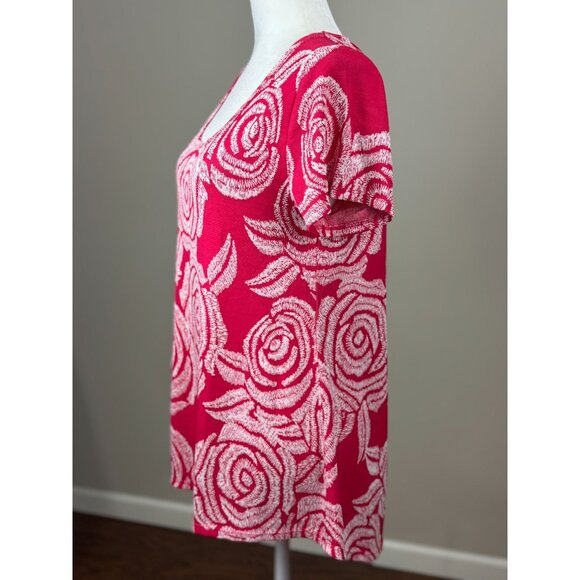 NEW LuLaRoe Womens Knit Tunic Top S Short Sleeve White Pink Floral Scoop Neck - Picture 3 of 7